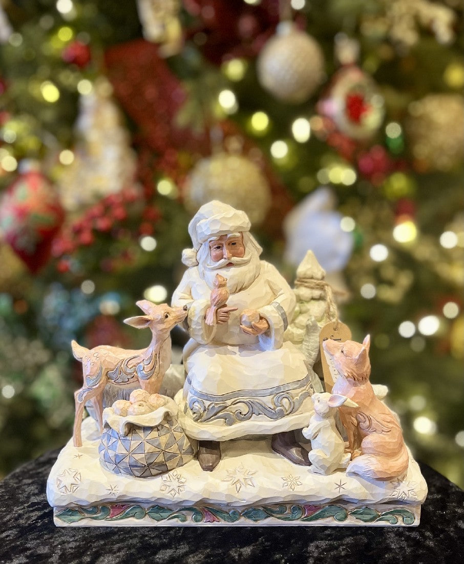 JIM SHORE HWC - WHITE WOODLAND SANTA SITTING WITH ANIMALS 6011615