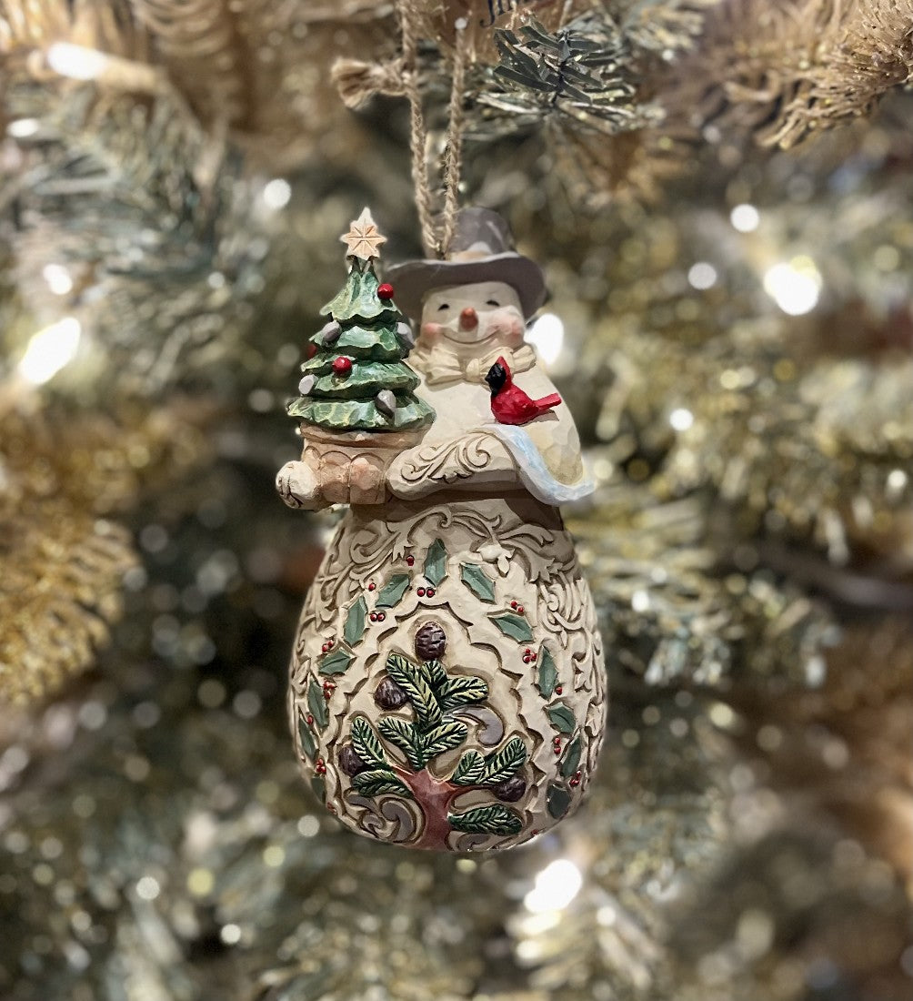 JIM SHORE WOODLAND SNOWMAN WITH TREE HANGING ORNAMENT 6012691