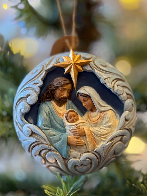 JIM SHORE HWC - BLUE & GOLD HOLY FAMILY ORNAMENT