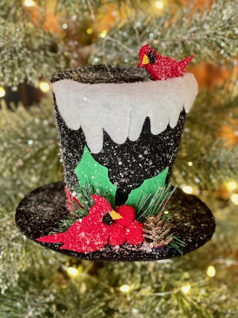 FELT TOP HAT WITH CARDINALS HANGING ORNAMENT 4016128