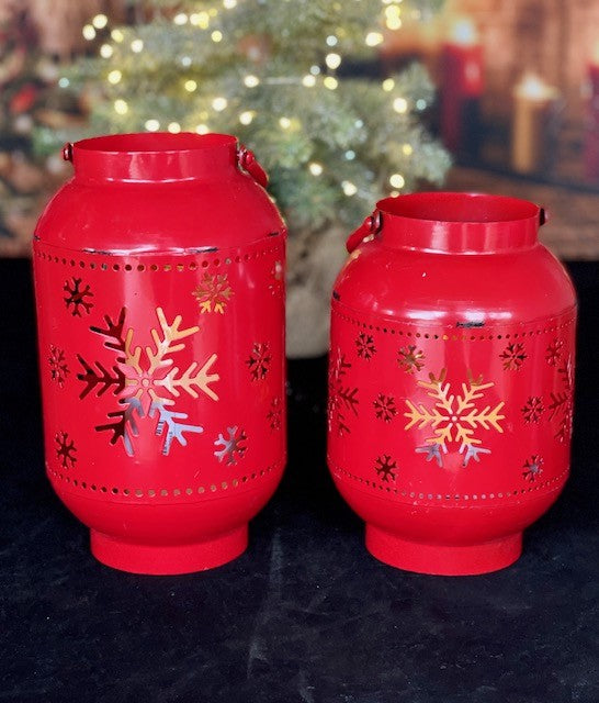 10" RED TIN LARGE SNOWFLAKE LANTERN 4125913