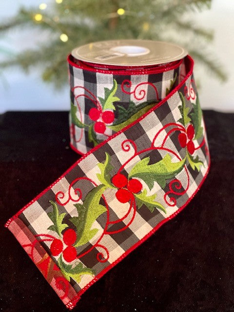 BLACK AND WHITE PLAID WITH HOLLY EMBROIDERY WIRED RIBBON R4171877