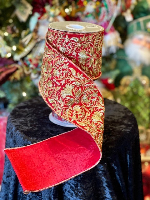 RED WITH GOLD EMBELISHMENT 4 INCH RIBBON R4171866