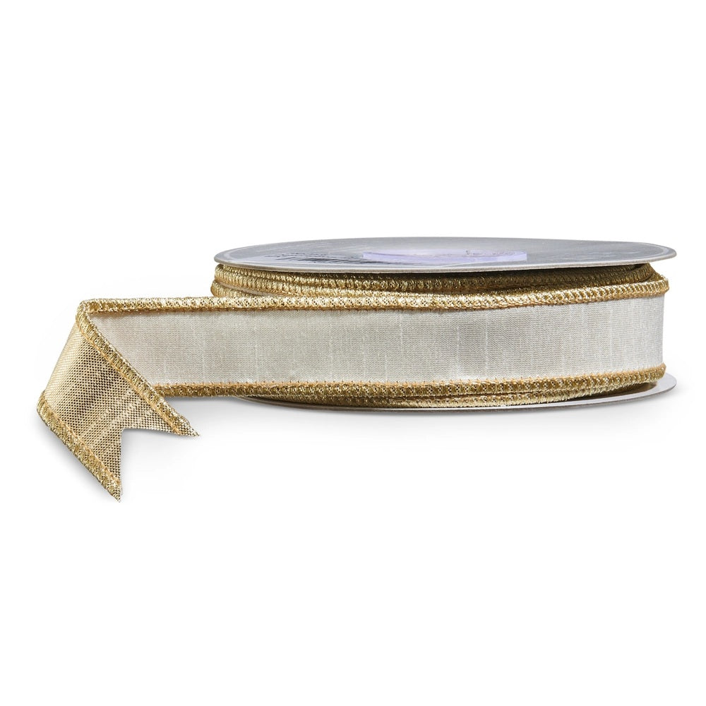 WHITE AND GOLD 1 INCH X 10 YARD WIRE EDGED RIBBON R4552158