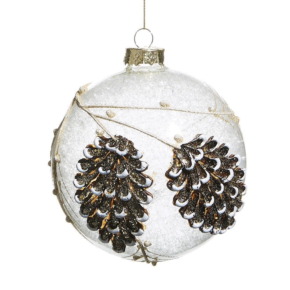 FROSTED GLASS ROUND ORNAMENT WITH PINECONES
