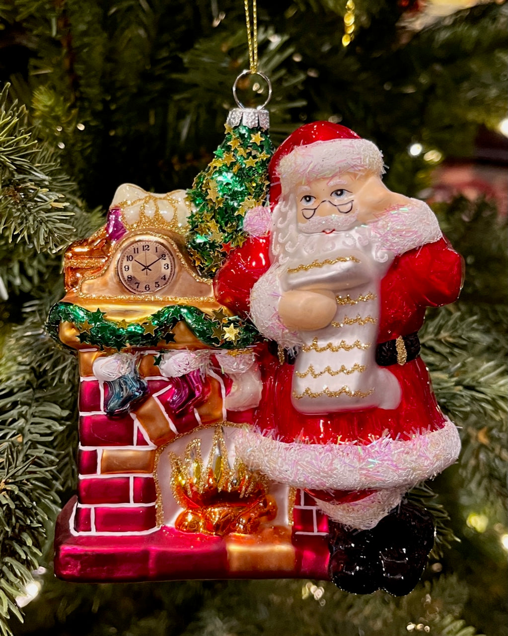SANTA AT FIREPLACE GLASS HANGING ORNAMENT 4524853
