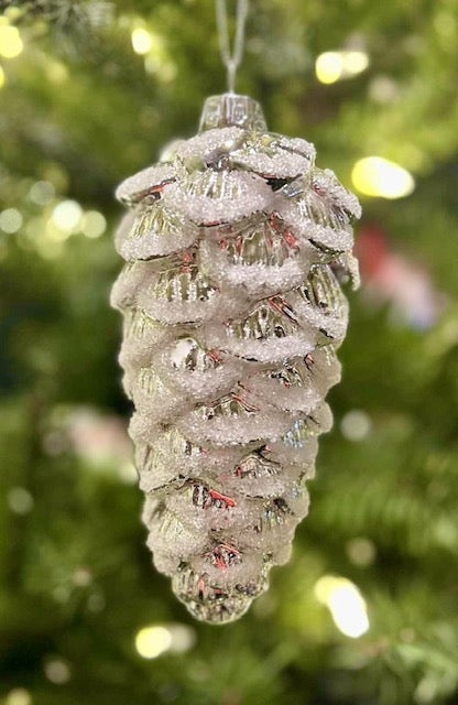SILVER ICED PINECONE GLASS ORNAMENT 4523164