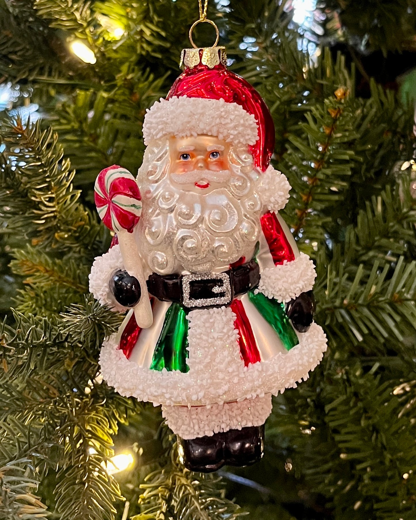 PEPPERMINT SANTA GLASS HANGING ORNAMENT 4415579