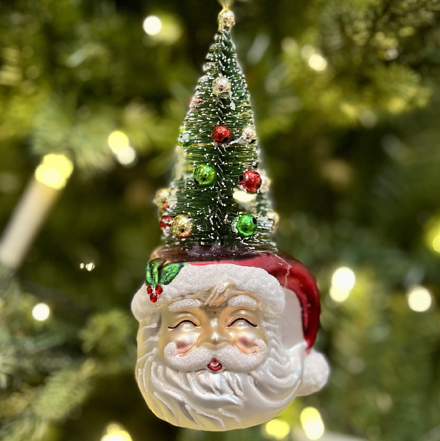 SANTA MUG BOTTLE BRUSH TREE GLASS ORNAMENT 4320895
