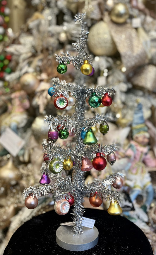 VINTAGE 19 INCH TINSEL TREE WITH ORNAMENTS 4319197