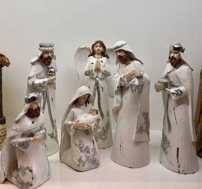 WHITE NATIVITY WITH EMBOSSED SILVER LEAF DESIGN 7.5 INCH 6 PIECE 4204107