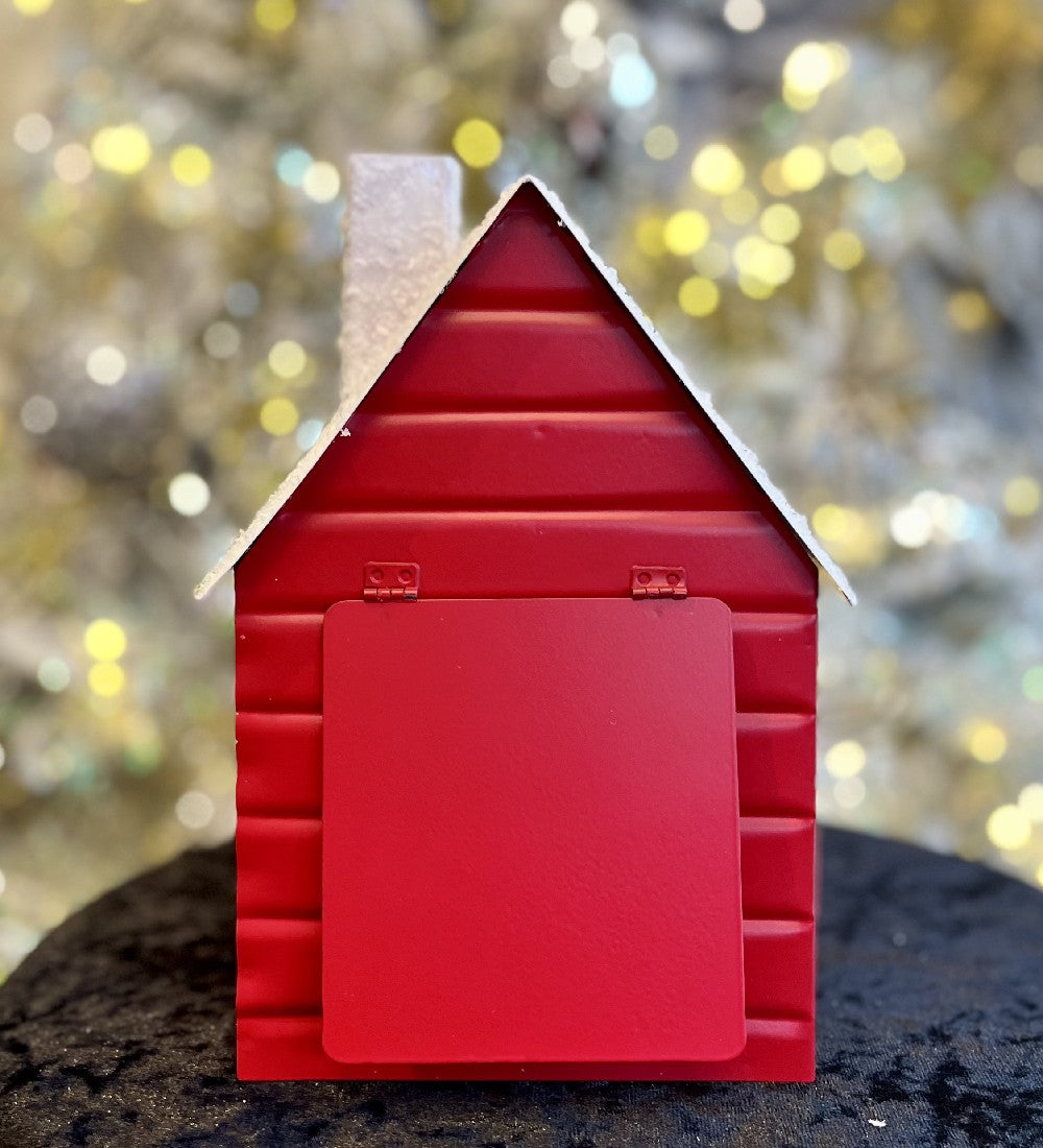 RAZ IMPORTS RED METAL HOUSE WITH SNOWY ROOF 4216339
