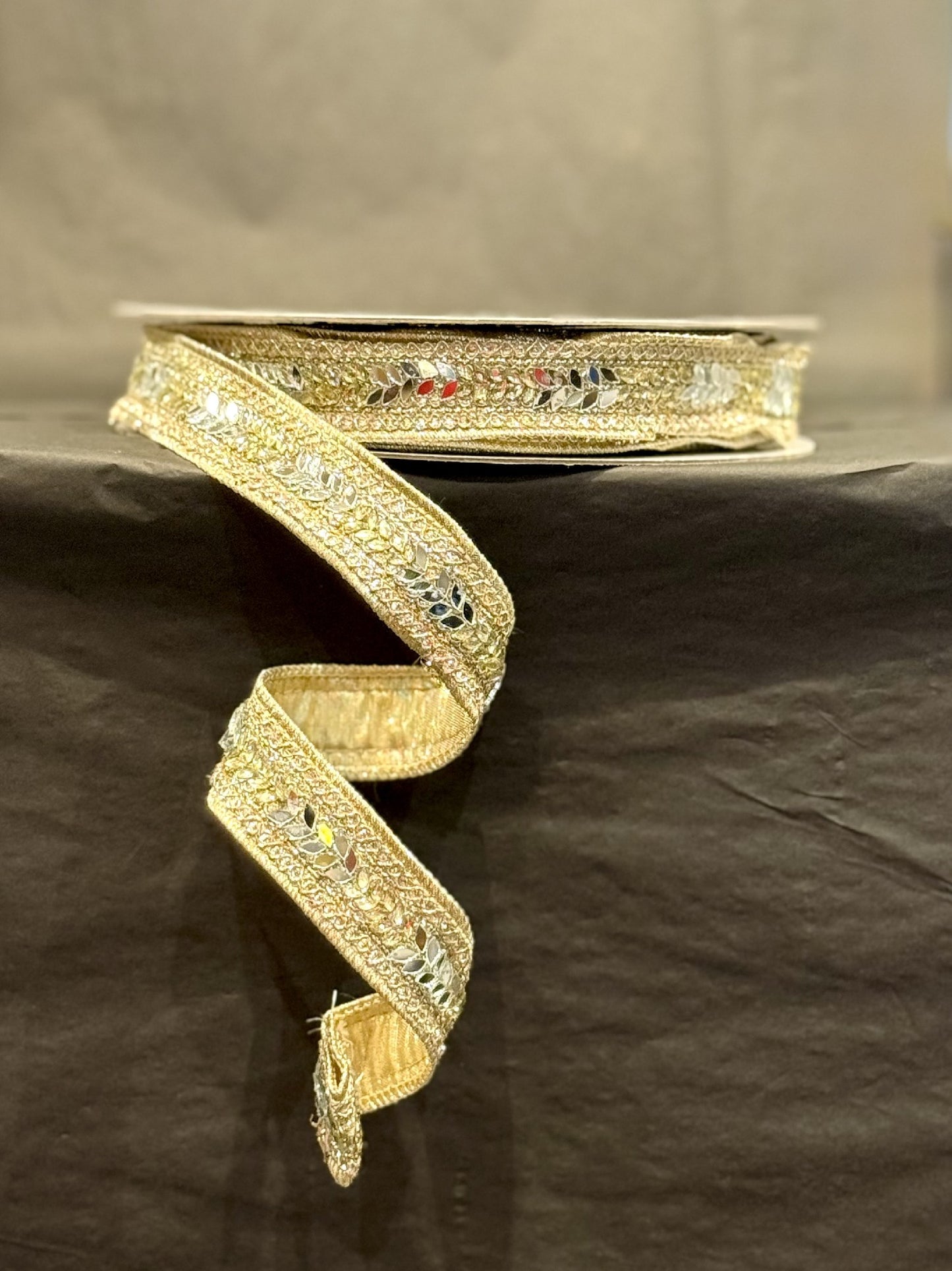Gold Glittered Bejeweled Wire Edge Ribbon 1 x 5YD R4527748