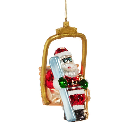 SANTA ON SKI LIFT GLASS HANGING ORNAMENT 4552912
