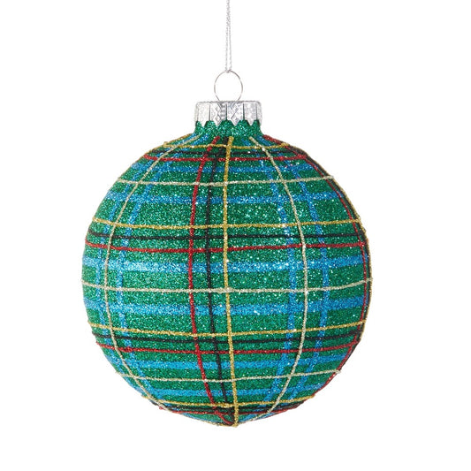 GLITTER BLUE PLAID 4 INCH GLASS HANGING ORNAMENT 4520908