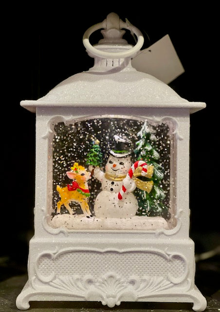 GLITTER LANTERN - WHITE SMALL RECTANGLE VINTAGE SNOWMAN & REINDEER 4500788