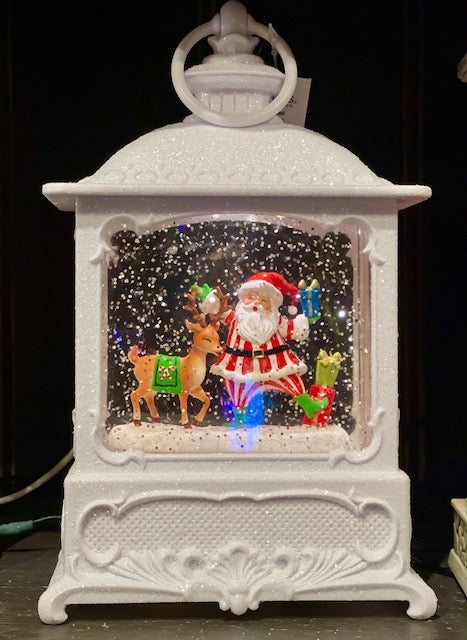 GLITTER LANTERN - WHITE FROSTED LANTERN WITH SANTA & REINDEER 4500770