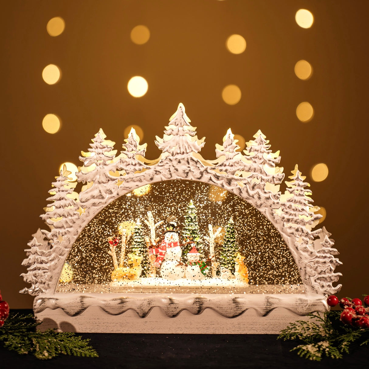 GLITTER LANTERN - WHITE CANDLE BRIDGE WITH SNOWMEN JT14-2