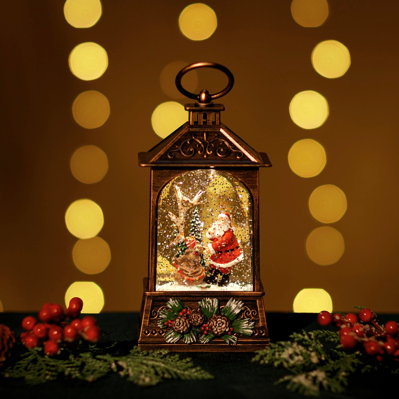 GLITTER LANTERN - BRONZE WITH SANTA AND SPRUCE DETAIL JT24-1