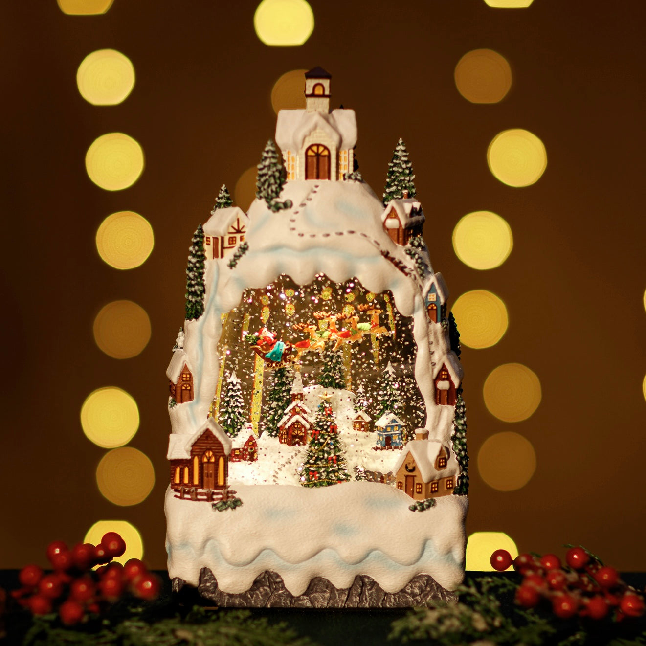 GLITTER LANTERN - SNOW MOUNTAIN VILLAGE WITH SANTA ON SLEIGH JT31-1