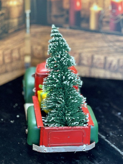 RED & GREEN OLD LARGE PICK UP TRUCK WITH TREE