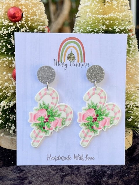 PINK & WHITE CANDY CANE WITH HOLLY SPRIG EARRINGS