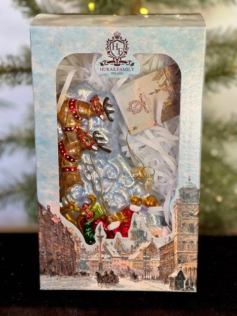 HURAS FAMILY GLASS ORNAMENTS - TRAVELLING SANTA ON CLOUD S348