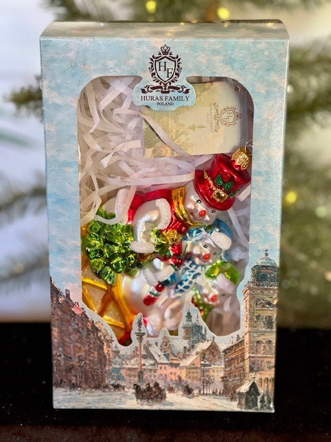 HURAS FAMILY GLASS ORNAMENTS - THREE SNOWMEN IN SLEIGH S420