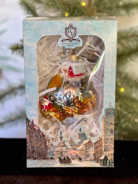 HURAS FAMILY GLASS ORNAMENTS - SANTA FLYING AROUND GLOBE S276