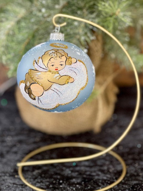 POLISH GLASS HANDPAINTED PEARL BLUE ANGEL ORNAMENT