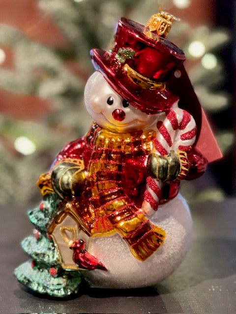 HURAS FAMILY GLASS ORNAMENTS - SNOWMAN WITH CHRISTMAS TREE R683