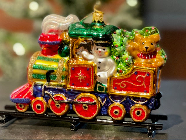 HURAS FAMILY GLASS ORNAMENTS - TRAIN WITH SANTA & SNOWMAN S283