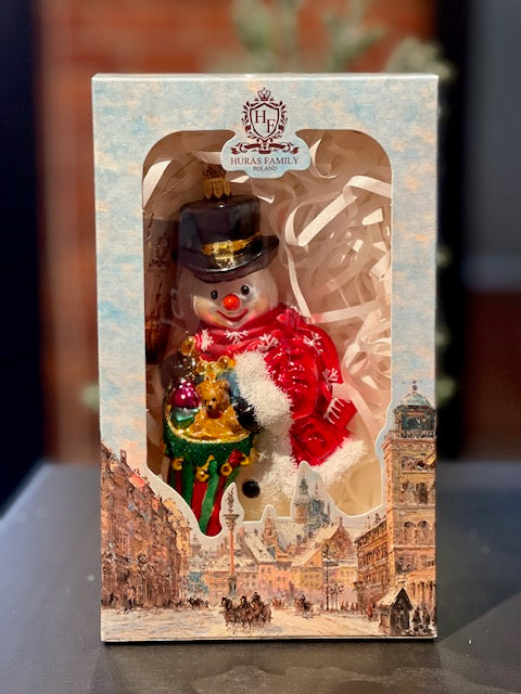 HURAS FAMILY GLASS ORNAMENTS - SNOWMAN IWTH STOCKING S397C