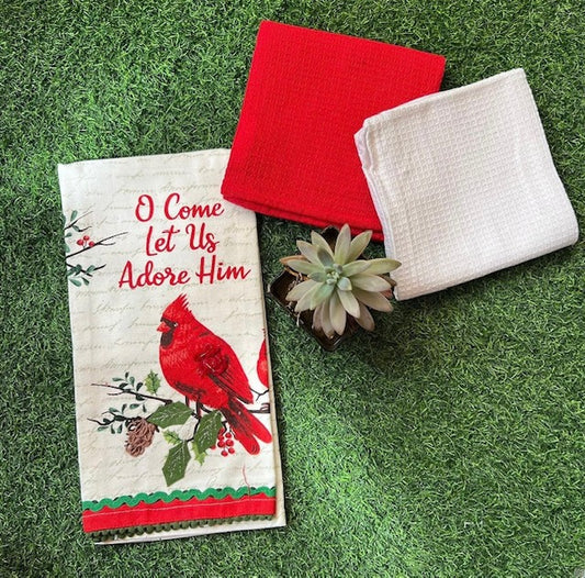 CHRISTMAS TEA TOWELS PACK OF 3 - CARDINAL