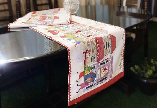 CHRISTMAS VILLAGE EMBROIDERED BEADED TABLE RUNNER