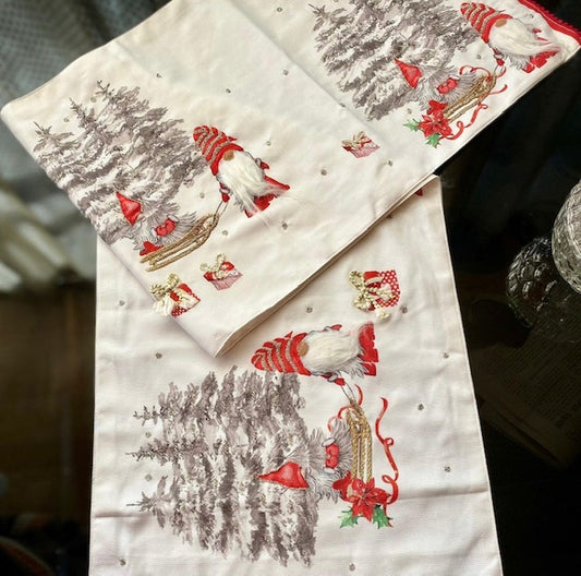 GNOMES PLAYING IN SNOW EMBROIDERED BEADED TABLE RUNNER