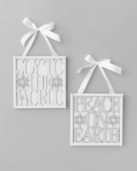 WHITE JOY TO THE WORLD HANGING SIGN X2552