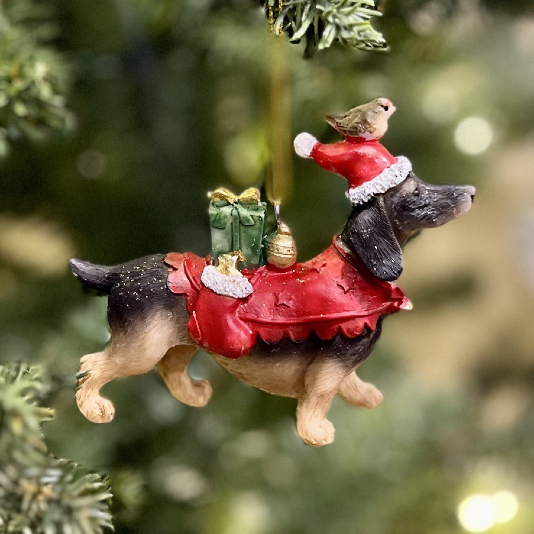 CHRISTMAS DACHSHUND WITH ROBIN HANGING ORNAMENT XCD162