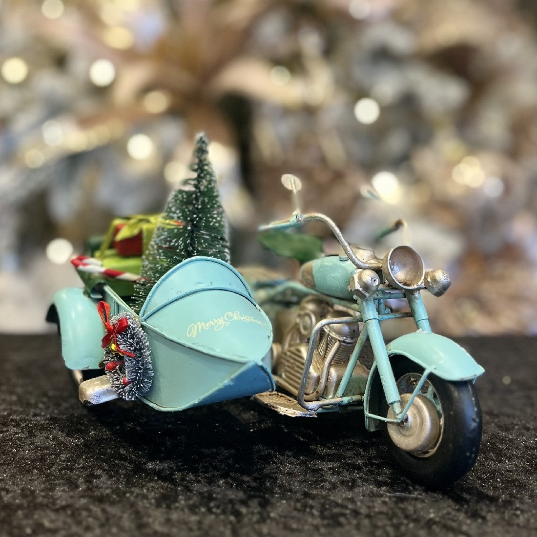 BLUE TIN MOTORBIKE AND SIDE CAR