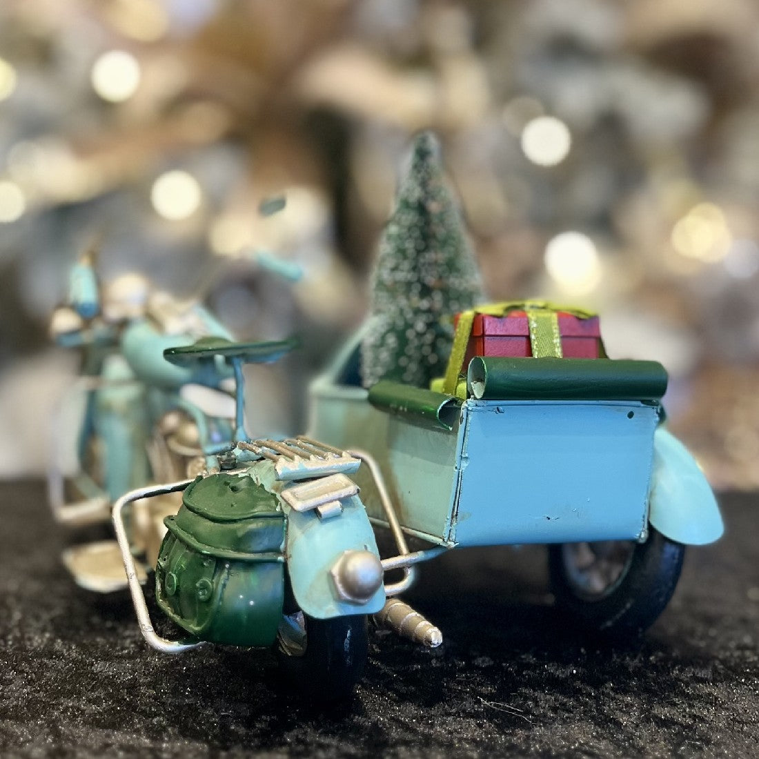 BLUE TIN MOTORBIKE AND SIDE CAR