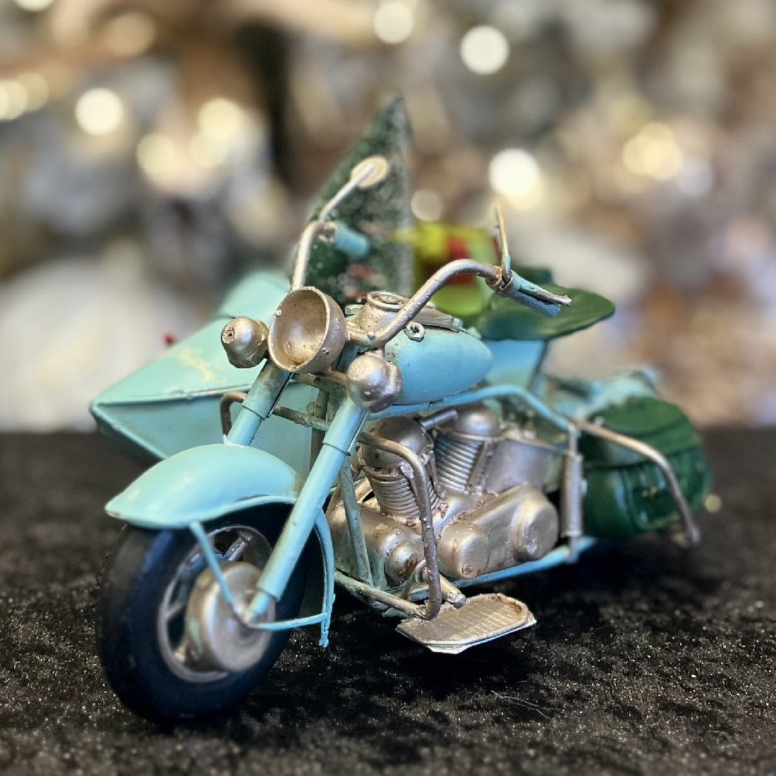 BLUE TIN MOTORBIKE AND SIDE CAR