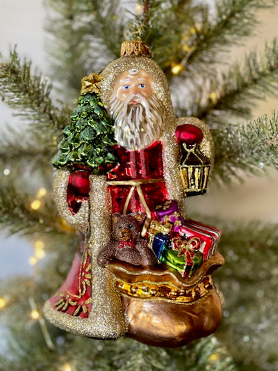 HURAS FAMILY GLASS ORNAMENTS - SANTA WITH CHRISTMAS TREE & SACK S494