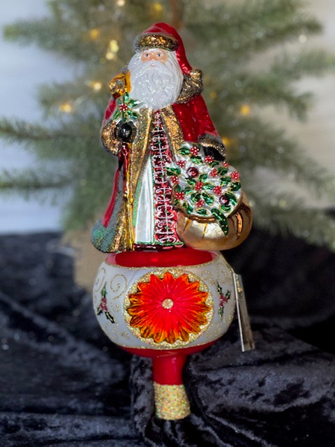 HURAS FAMILY GLASS ORNAMENTS - TREE TOPPER WITH FLOWERY SANTA T13