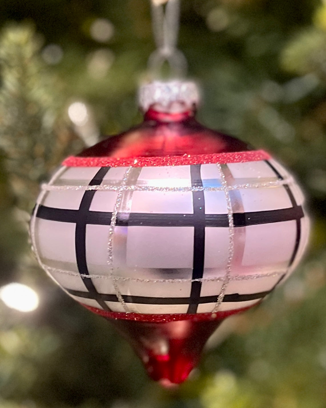 RED, BLACK & WHITE PLAID ONION GLASS HANGING ORNAMENT 4124674