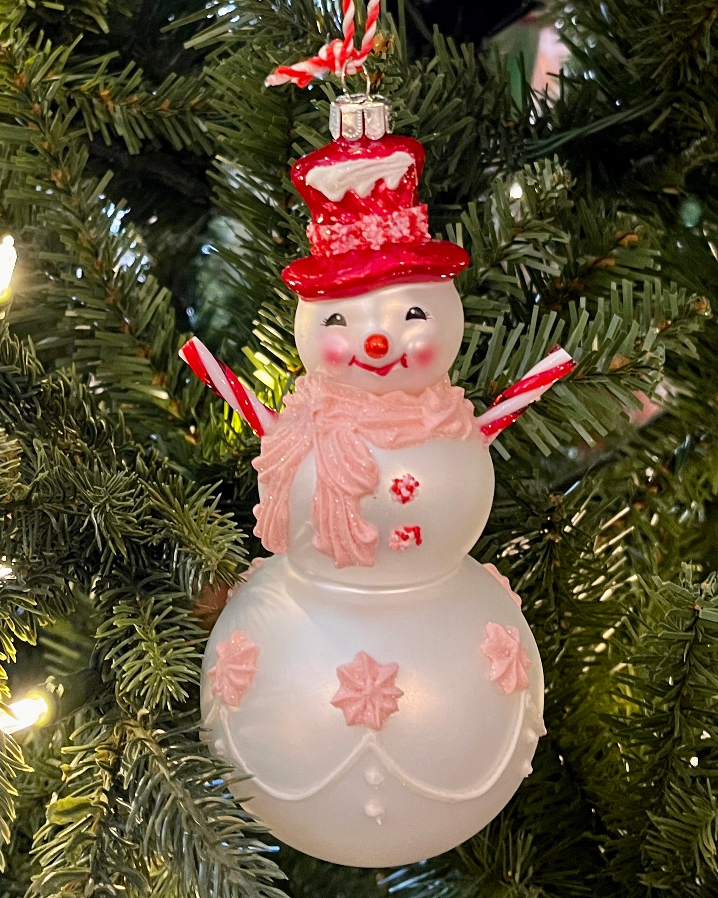 PEPPERMINT SNOWMAN WITH RED TOP HAT GLASS HANGING ORNAMENT 4352876