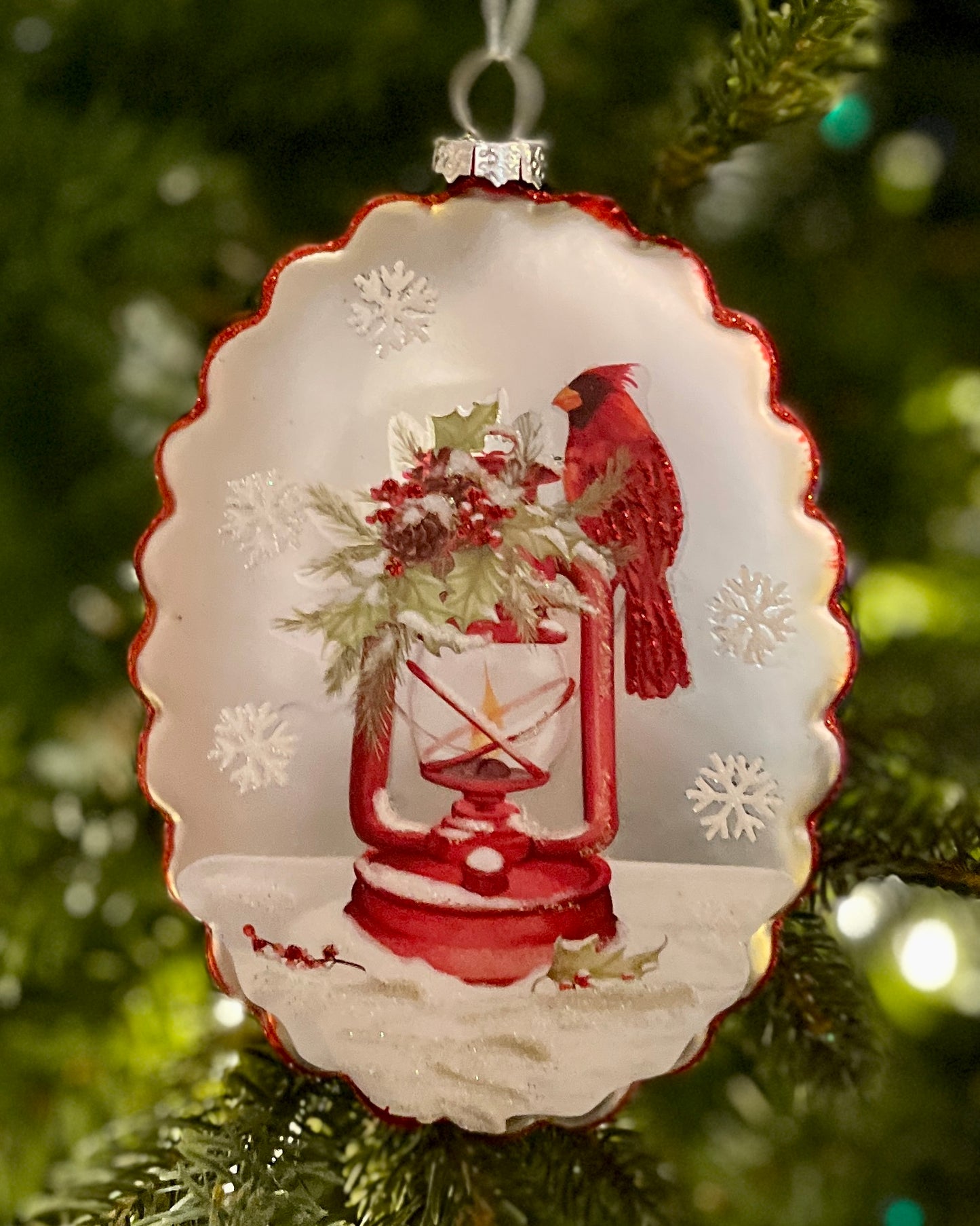 SCALLOPED EDGE CARDINAL OIL LAMP GLASS DISC ORNAMENT 4224656