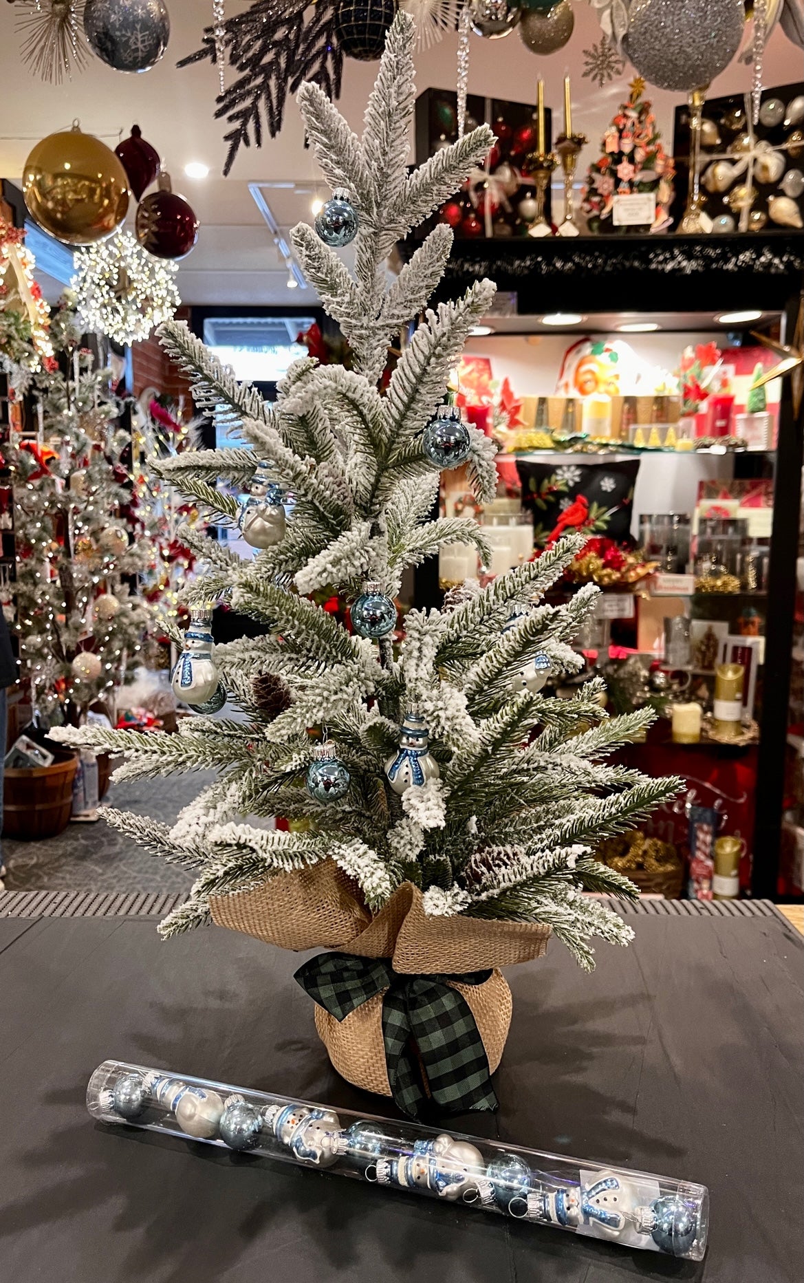 PACK OF 9 MINI SNOWMAN & BLUE BALL GLASS ORNAMENTS 50518