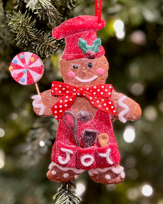 JOY GINGERBREAD BAKER WITH LOLLYPOP ORNAMENT HOS-9040