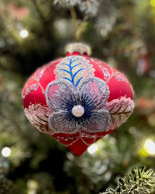 RED GLASS WITH BLUE FLORAL ONION ORNAMENT XGMLPR3