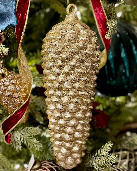 12 INCH GOLD CHAMPAGNE GLITTER GIANT PINECONE GLASS ORNAMENT 4524979